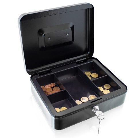 Czarna kasetka na pieniądze 25 cm zamykana na klucz do monet Euro
