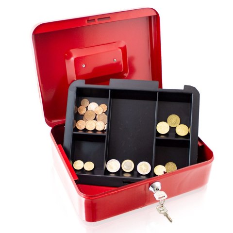 Kasetka do gotówki 25 cm czerwona stalowa z wkładką na bilon i kluczami