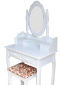 Toaletka kosmetyczna z lustrem, szufladami oraz ozdobnym siedziskiem
