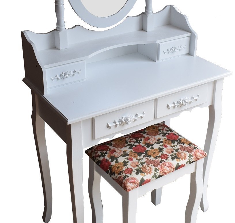 Toaletka kosmetyczna z lustrem, szufladami oraz ozdobnym siedziskiem