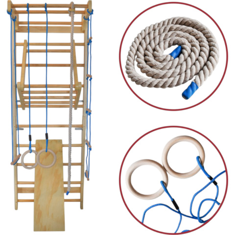 drabinka gimnastyczna drewniana 220 cm stabilna z huśtawką drążkiem lina