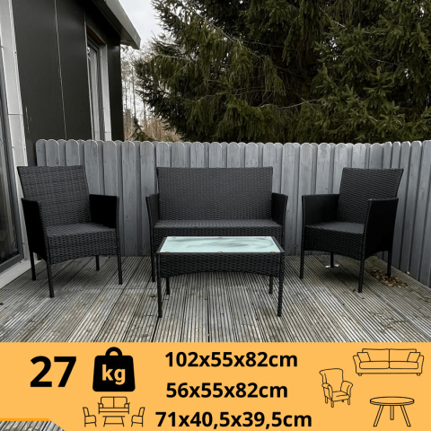 Zestaw Rattanowy 2 Fotele Stolik Wypoczynek Czarny Poduszki Technorattan