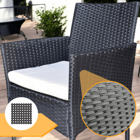 Zestaw Rattanowy 2 Fotele Stolik Wypoczynek Czarny Poduszki Technorattan