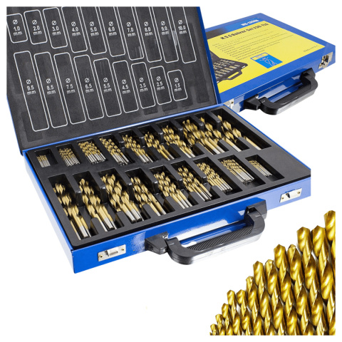 Wiertła kobaltowe 1-10mm 230el tytanowa powłoka skrzynka metalowa