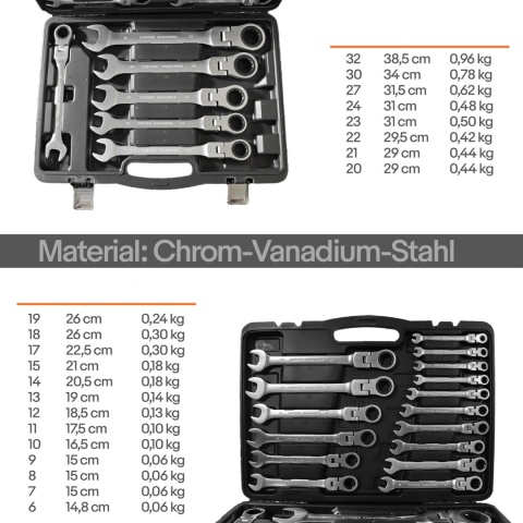 klucze płasko oczkowe z grzechotką zestaw 22szt 6 32mm crv walizka