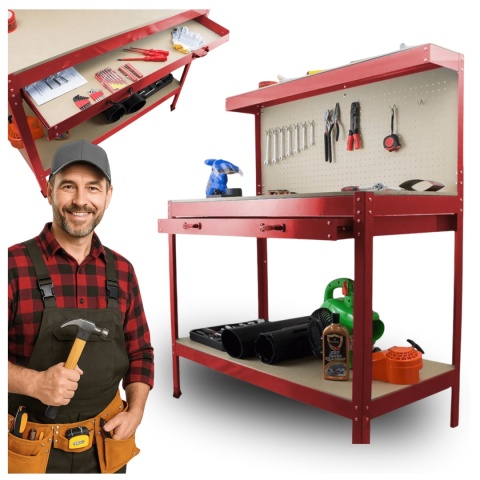 stół warsztatowy z uchwytami blat 115x55 cm szuflada haki x12 stabilny stal