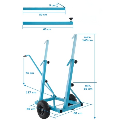 wózek do płyt regulowany stalowy niebieski 200kg pneumatyczne koła