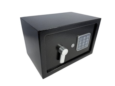 Czarny kompaktowy sejf biurowy na kod i klucz