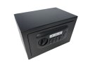 Czarny kompaktowy sejf biurowy na kod i klucz