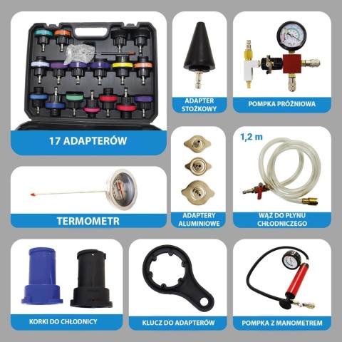 Tester Szczelności Układu Chłodzenia 28 el. Pompa + 21 Adapterów