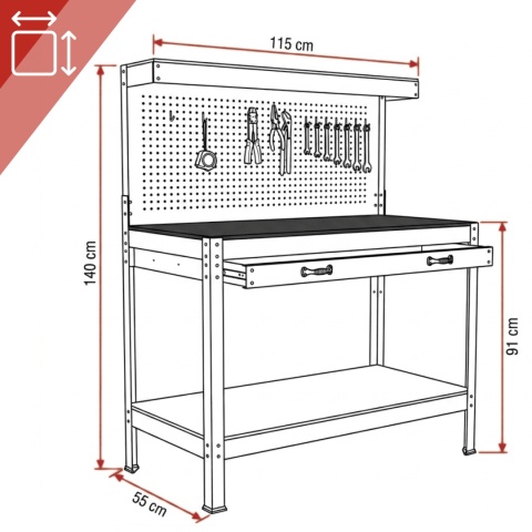 stół warsztatowy z uchwytami blat 115x55 cm szuflada haki x12 stabilny stal